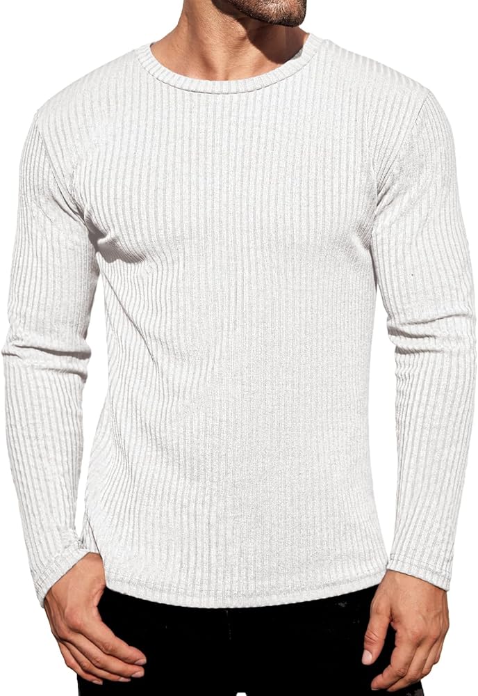 Ekouaer Men's Long Sleeve Shirts Ribbed Pullover Sweater Sim Fit Thermal Tops Crew Neck Stretchy Undershirts S-XXL