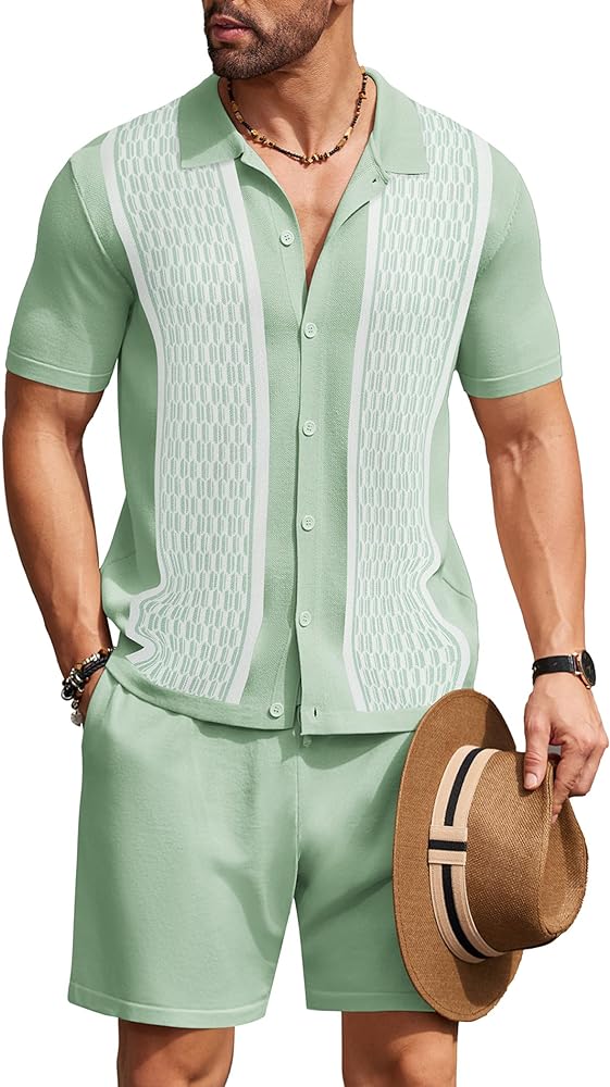 COOFANDY Men's 2 Piece Outfit Vintage Short Sleeve Button Down Knit Polo Shirts Casual Beach Shorts Sets