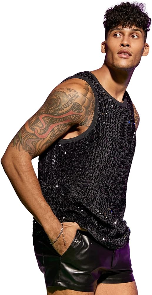 WDIRARA Men's Sequin Sleeveless Round Neck Tank Top T Shirt Party Top