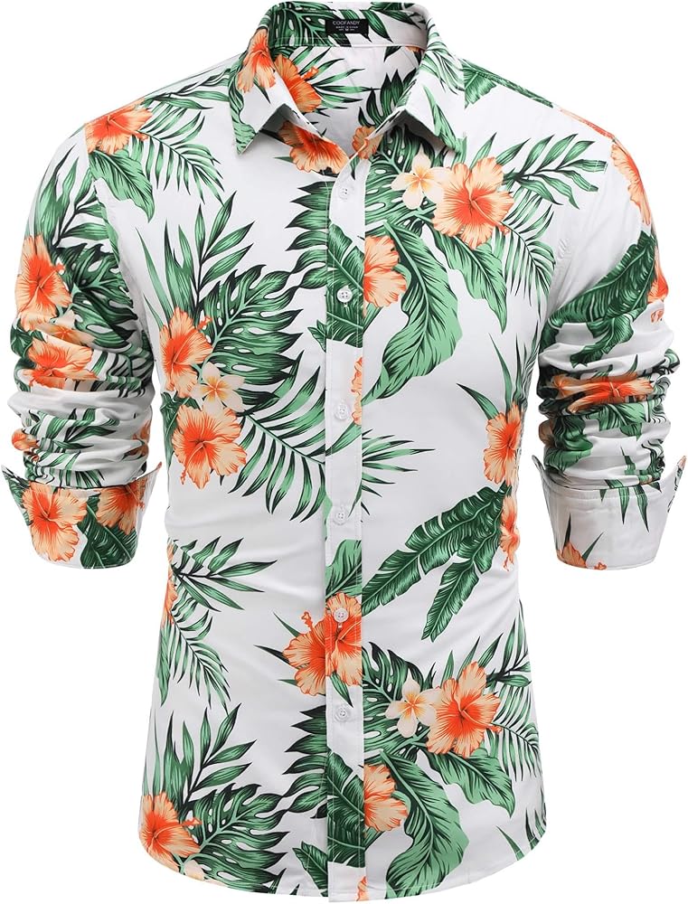 COOFANDY Men's Floral Button Down Long Sleeve Hawaiian Shirt Flower Printed Tropical Beach Shirts