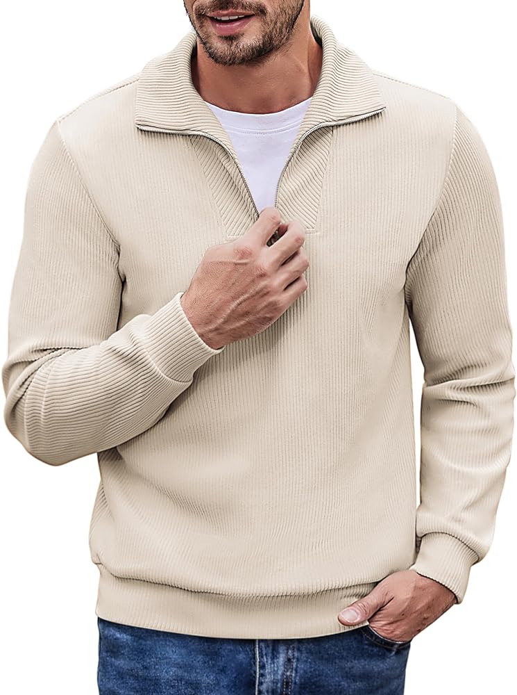 COOFANDY Men's Quarter Zip Up Pullover Slim Fit Mock Neck Long Sleeve Sweaters Casual Corduroy Polo Sweatshirt