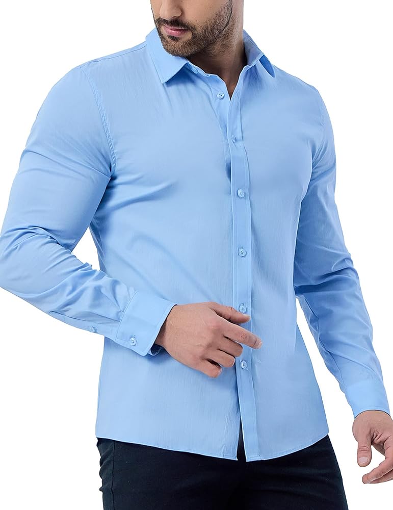 ZAFUL Men's Stretch Slim Fit Dress Shirts Solid Long Sleeve Button Down Casual Cotton Shirt