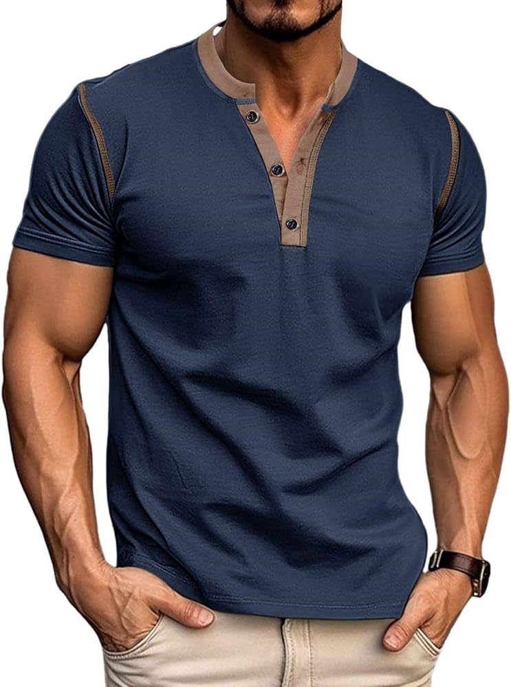 Men's Casual Henley Shirts Classic Button Cotton Short Sleeve T-Shirt Summer Basic Solid Lightweight Tees Tops