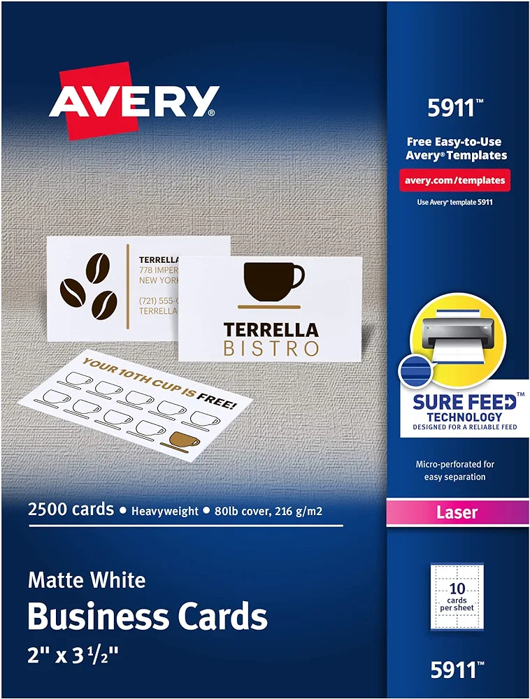 Avery Printable Business Cards with Sure Feed Technology, 2" x 3.5", White, 2,500 Blank Cards for Laser Printers (05911)