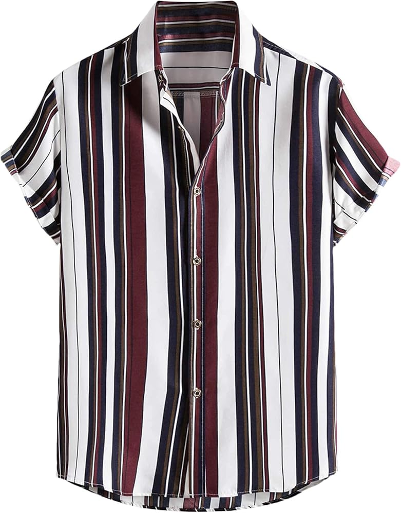 Floerns Men's Striped Shirts Casual Short Sleeve Button Down Shirts