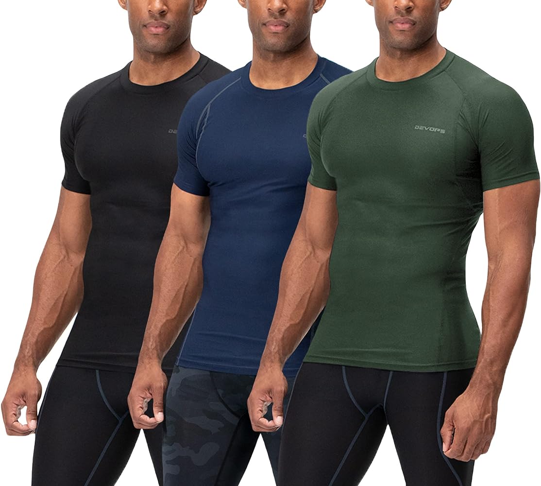 DEVOPS 3 Pack Men's Cool Dry Short Sleeve Compression Shirts, Sports Baselayer T-Shirts Tops, Athletic Workout Shirt