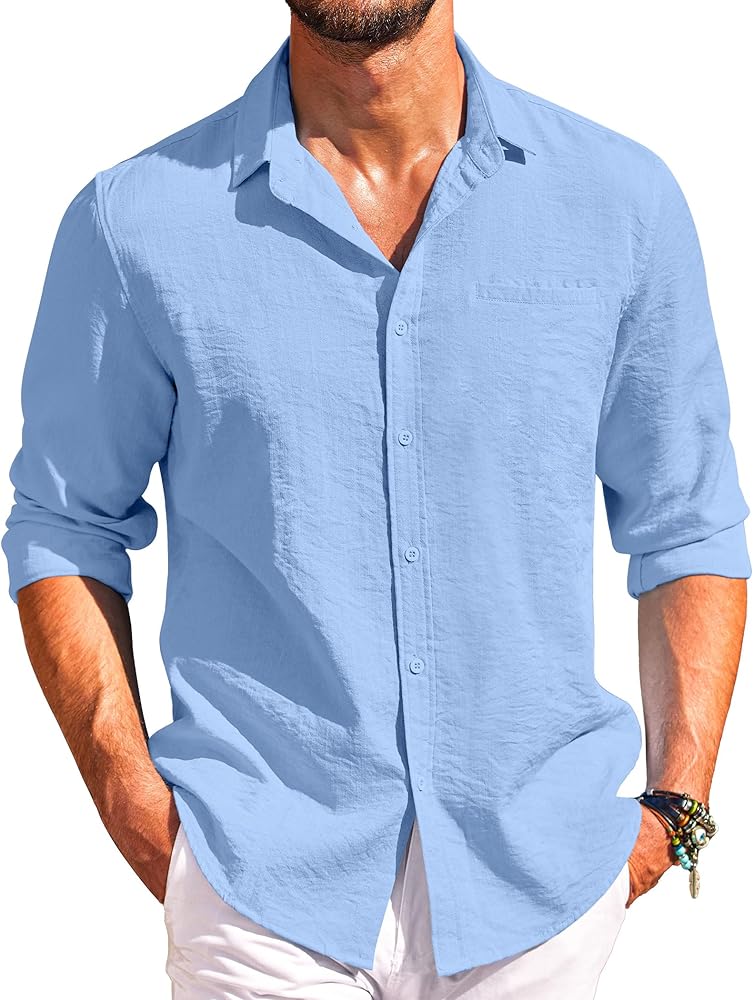 COOFANDY Men's Casual Long Sleeve Button Down Shirts Linen Dress Shirt Beach Summer Shirts with Pocket