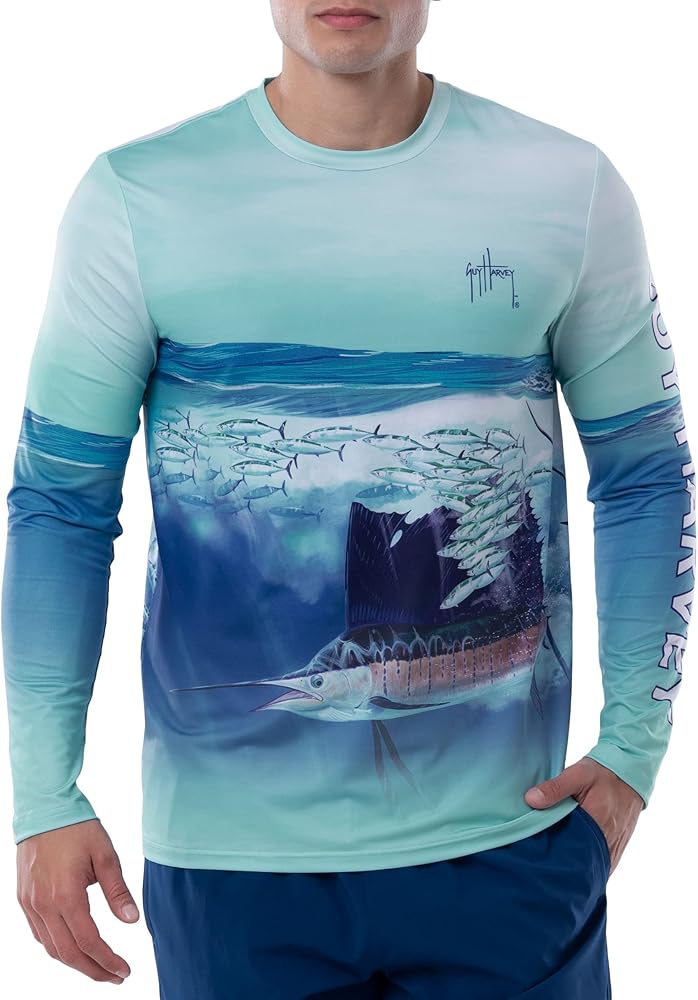 Guy Harvey Men’s Long Sleeve Performance Shirt with 50+ UPF Sun Protection