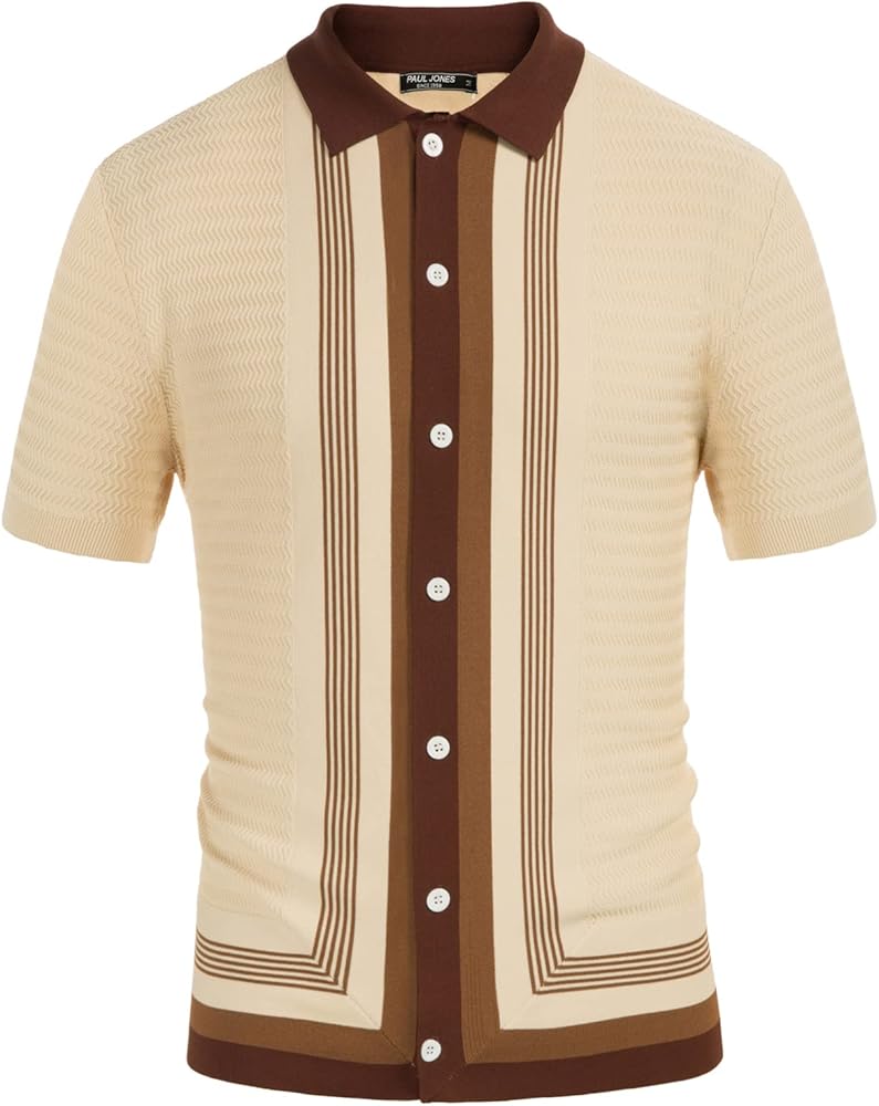 PJ PAUL JONES Men's Vintage Stripe Knit Polo Shirts Short Sleeve Stylish Button Down Cardigan Sweater