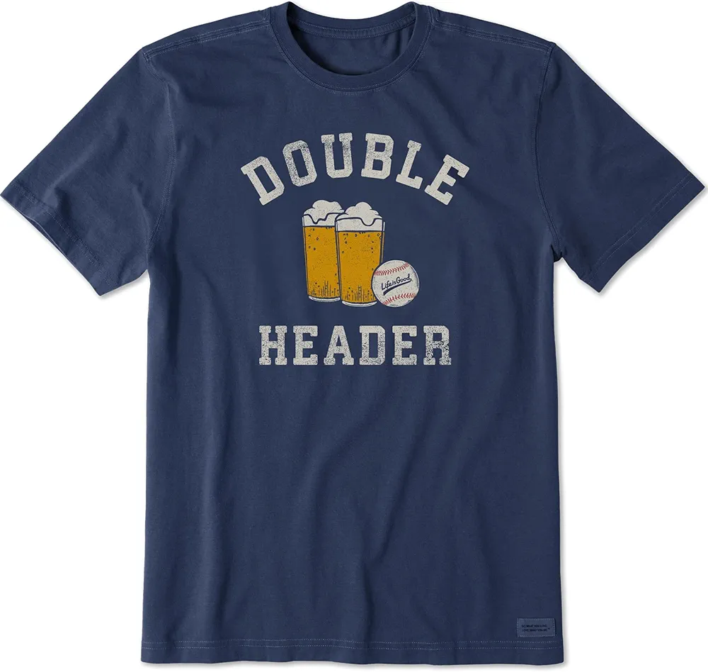 Life is Good Men's Crusher T, Short Sleeve Cotton Graphic Tee Shirt, Double Header Baseball & Beer