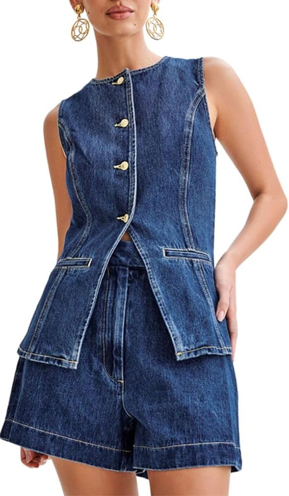 Women's Denim 2 Piece Set Casual Business Sleeveless Jean Blazer Vest Tops and Shorts Outfit Tracksuits