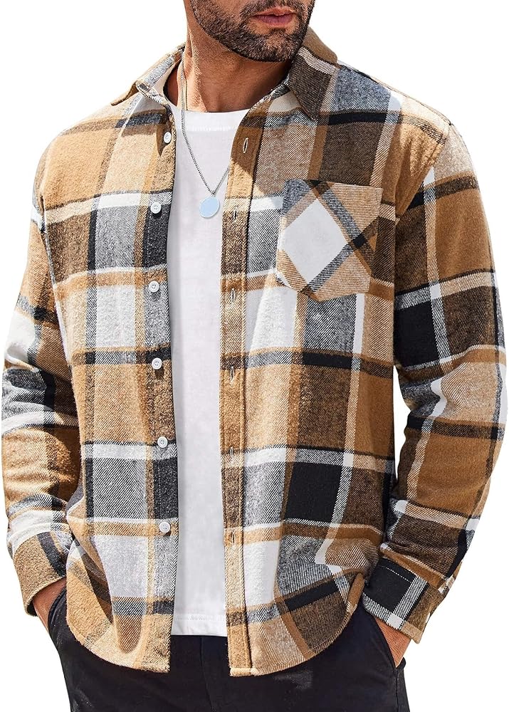 COOFANDY Mens Flannel Shirts Long Sleeve Lightweight Plaid Shirt Casual Button Down Shirts Jacket