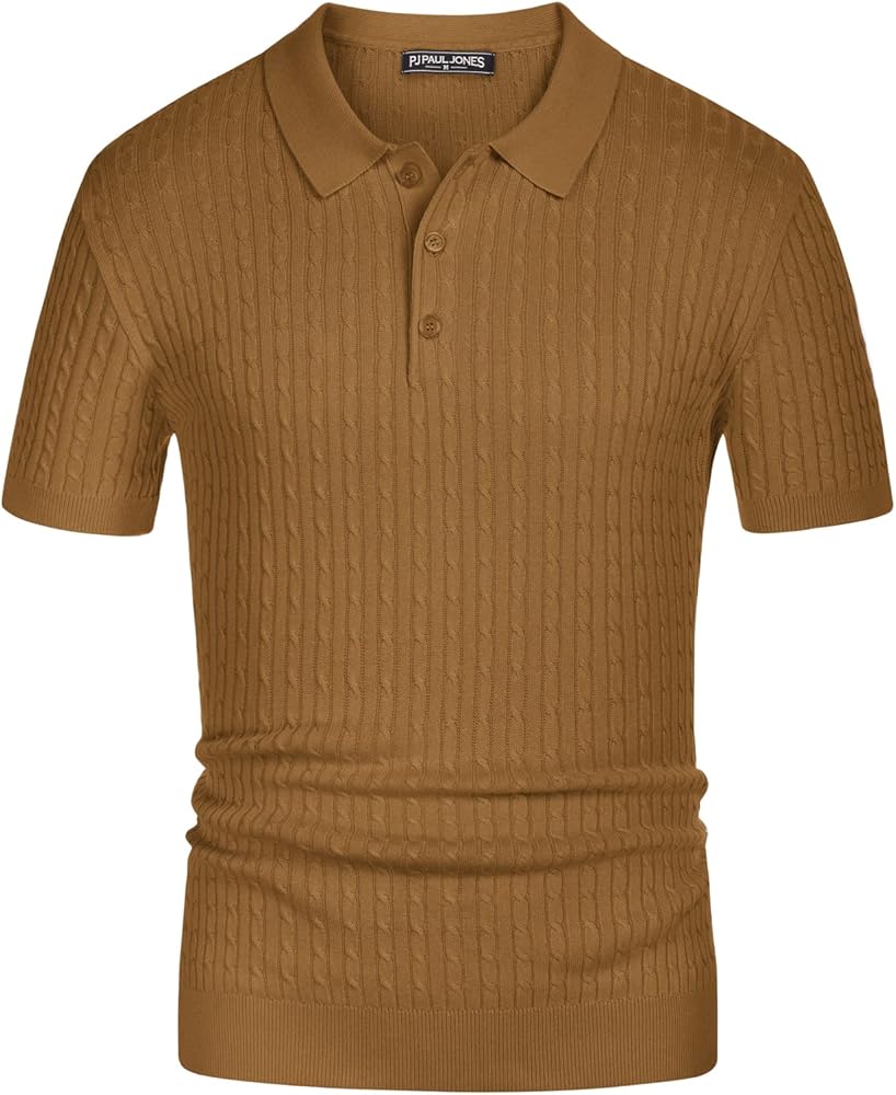 PJ PAUL JONES Mens Cable Knitted Polo Shirts Knitting Lightweight Golf Tee Shirt