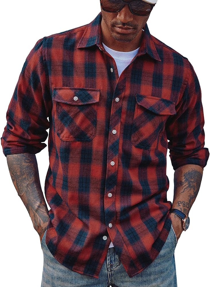 PJ PAUL JONES Mens Flannel Plaid Shirt Casual Long Sleeve Button Down Shirts with Pockets