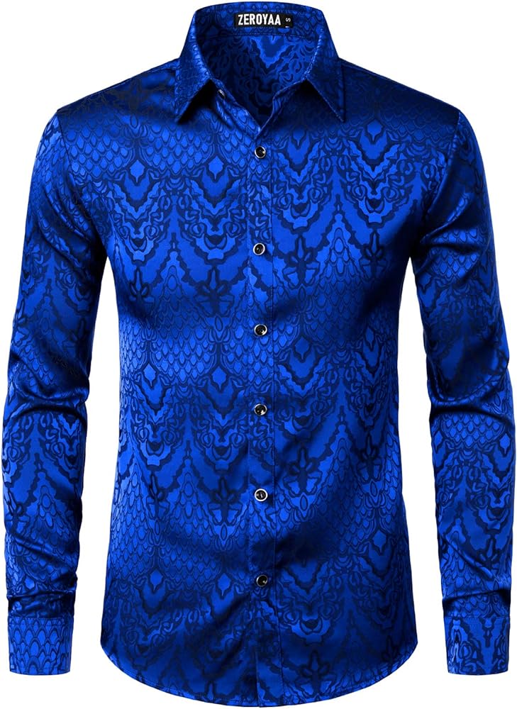 ZEROYAA Men's Hipster Slim Fit Long Sleeve Gothic Jacquard Button Up Dress Shirts for Party Prom