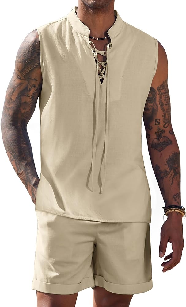 COOFANDY Men's Linen Sets 2 Piece Beach Outfits Lace Up Hippie Tank Tops Summer Casual Sleeveless Shirts Matching Shorts Set