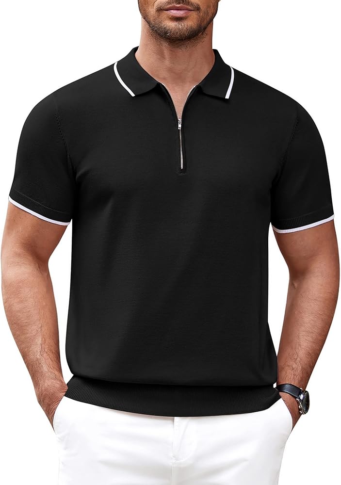 COOFANDY Men's Zipper Polo Shirt Casual Knit Short Sleeve Polo T Shirt Classic Fit Shirts