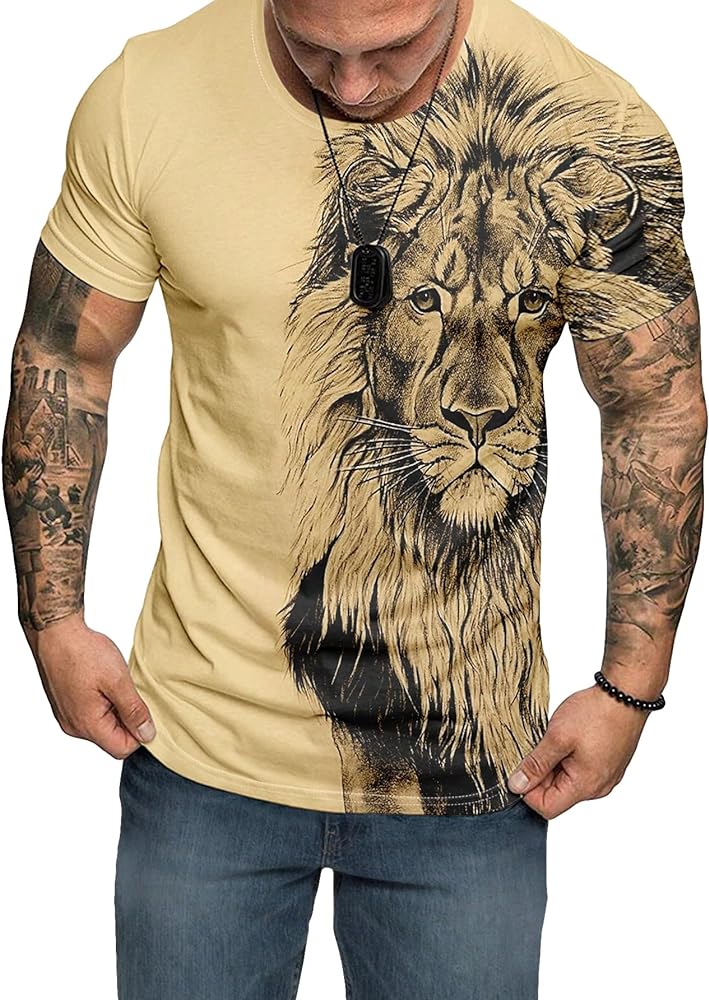 SOLY HUX Men's Plus Size Graphic Tees Lion Print Short Sleeve Round Neck T Shirt Tops