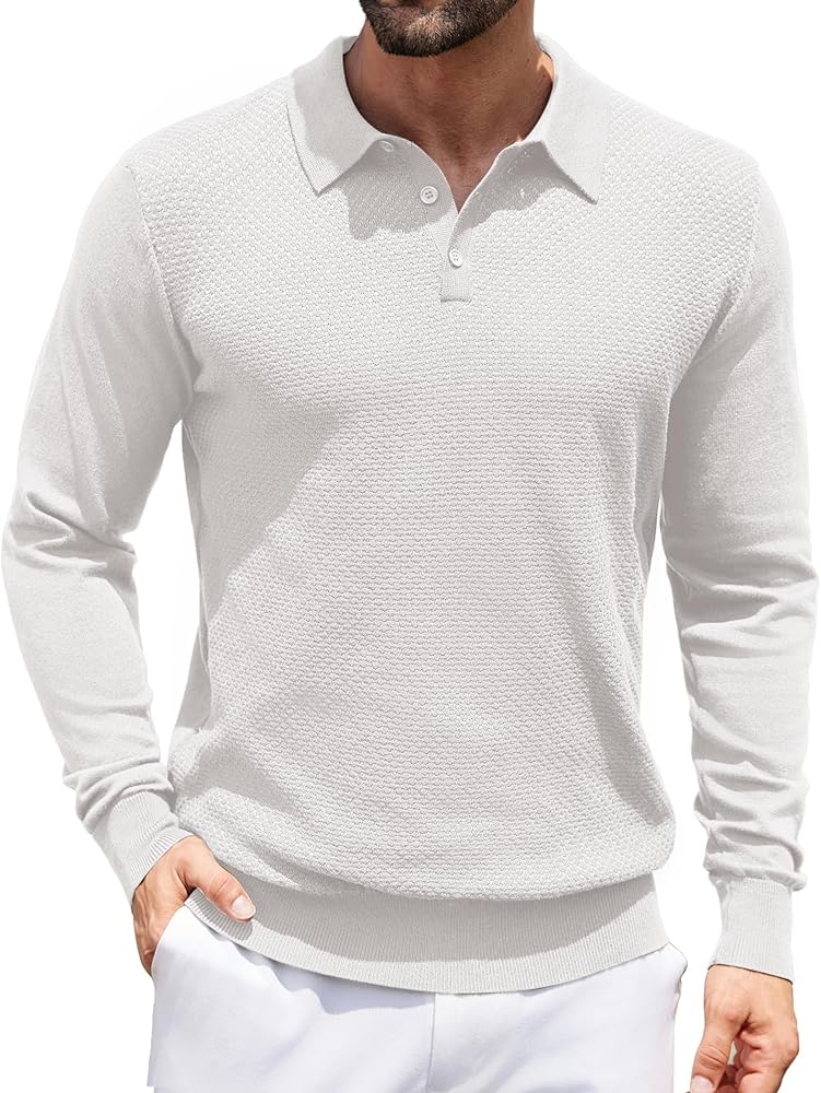 COOFANDY Men's Knit Polo Sweater Long Sleeve Casual Collared Quarter Button Golf Waffle Textured Sweater