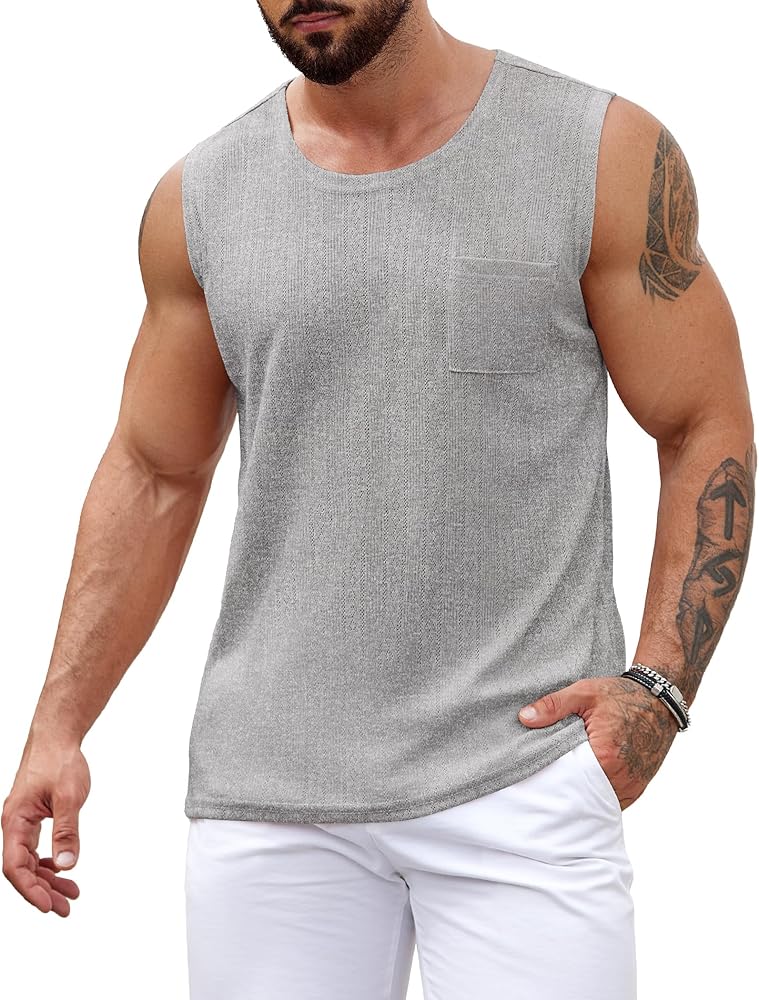 COOFANDY Men's Knit Tank Tops Casual Sleeveless T Shirts Beach Tank Shirts with Pocket