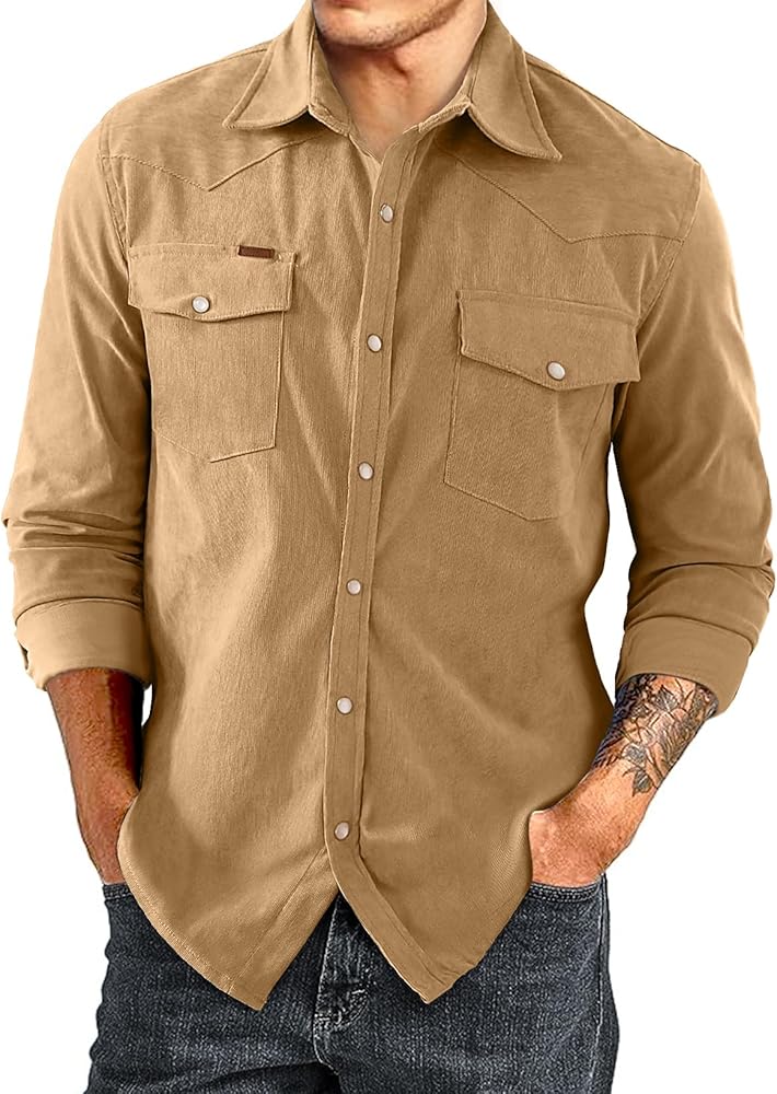 JMIERR Men's Corduroy Shirts Casual Western Long Sleeve Button Down Shacket Jackets with 2 Flap Pocket