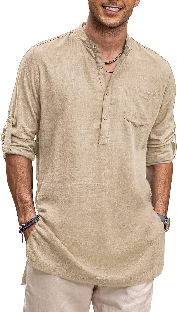 COOFANDY Men's Linen Henley Shirts Long Sleeve Collarless T-Shirts Longline Kurta Beach Shirts with Pocket