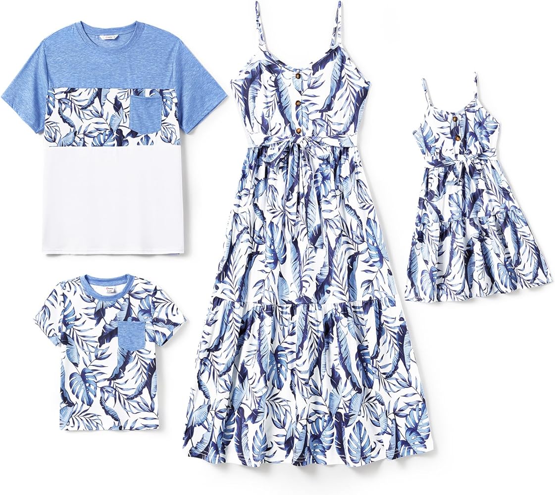 PATPAT Matching Family Outfits Mommy and Me Dresses Hawaiian Vacation Spaghetti Strap Dress and T-Shirts Set