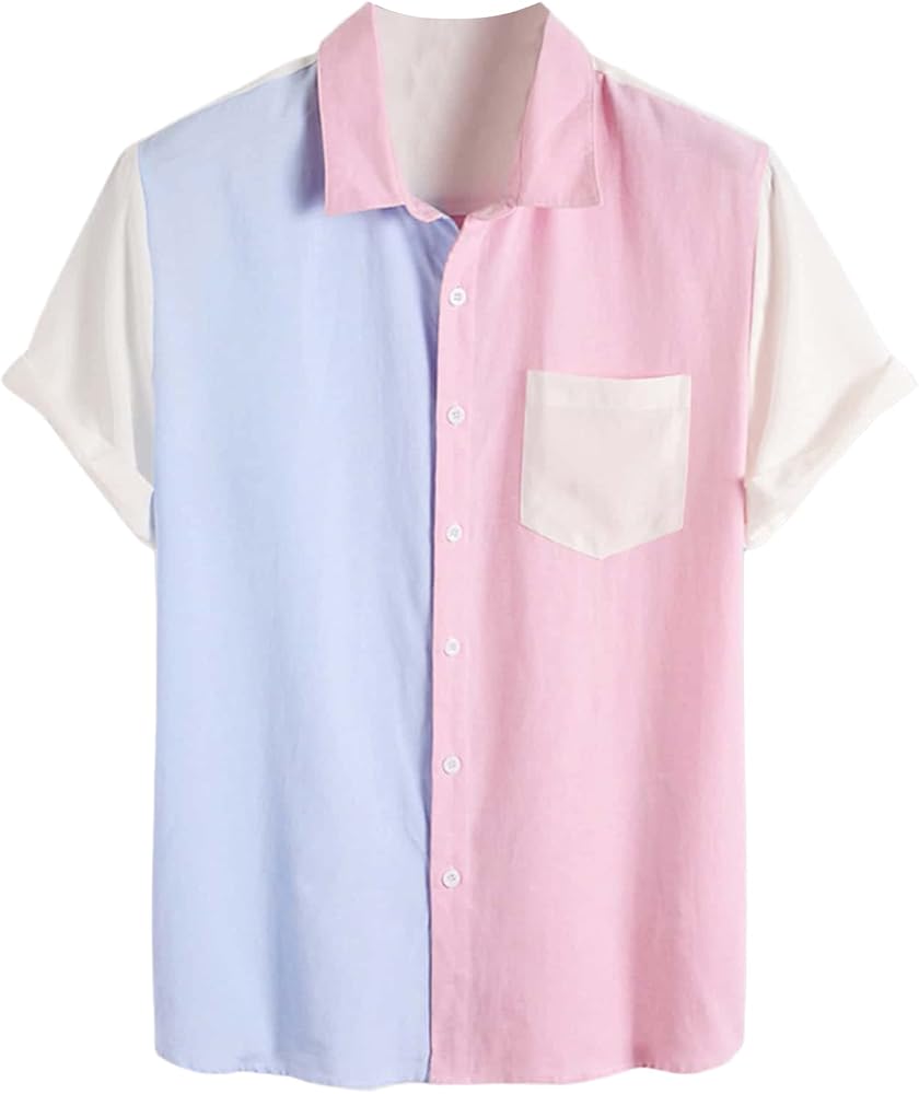 WDIRARA Men's Colorblock Button Down Short Sleeve Pocket Front Shirt Tops