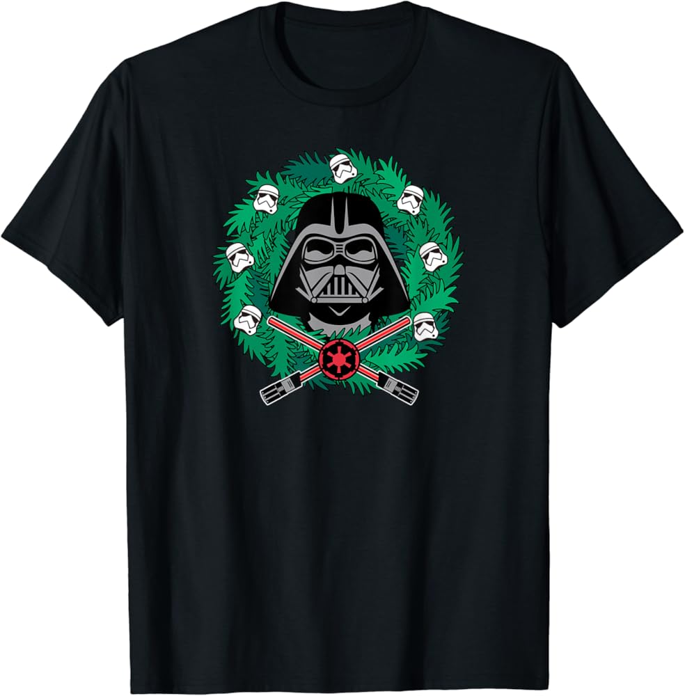 Amazon Essentials Men's Darth Vader Helmet Holiday Christmas Wreath T-Shirt, Star Wars Darth, Small