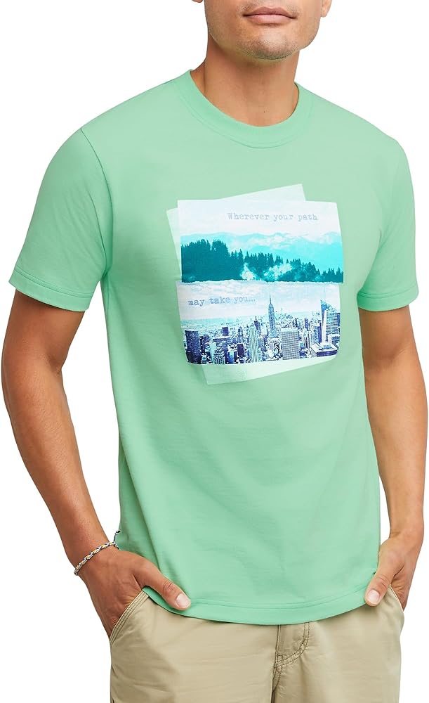 Hanes Mens Explorer Graphic T-Shirt, Lightweight Cotton Short Sleeve Tee, City & Sea