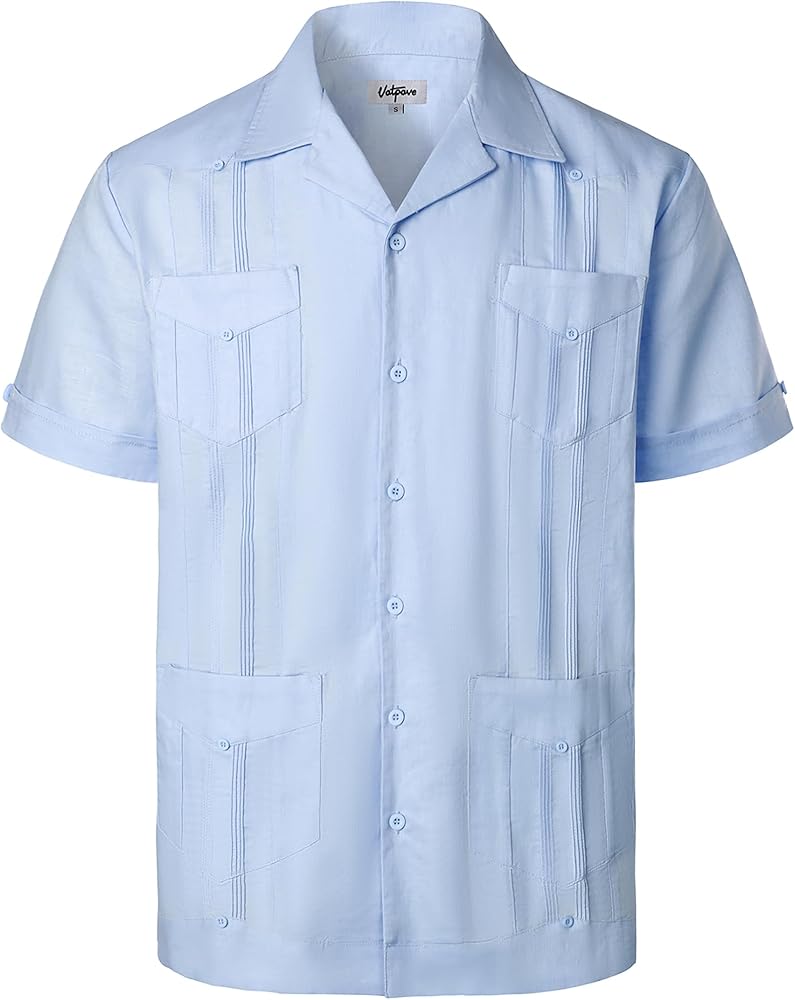 VATPAVE Mens Linen Cuban Guayabera Shirts Casual Button Down Short Sleeve Summer Shirts