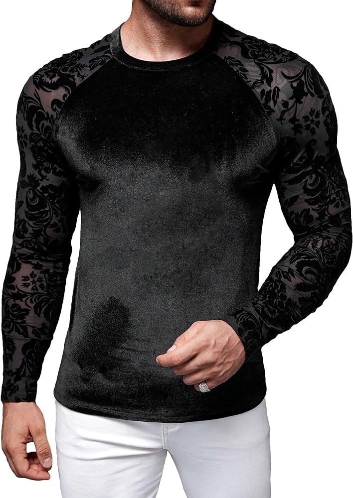 WDIRARA Men's Floral Lace Mesh Fleece Fuzzy T-Shirt Crewneck Raglan Long Sleeve Casual Tee Tops