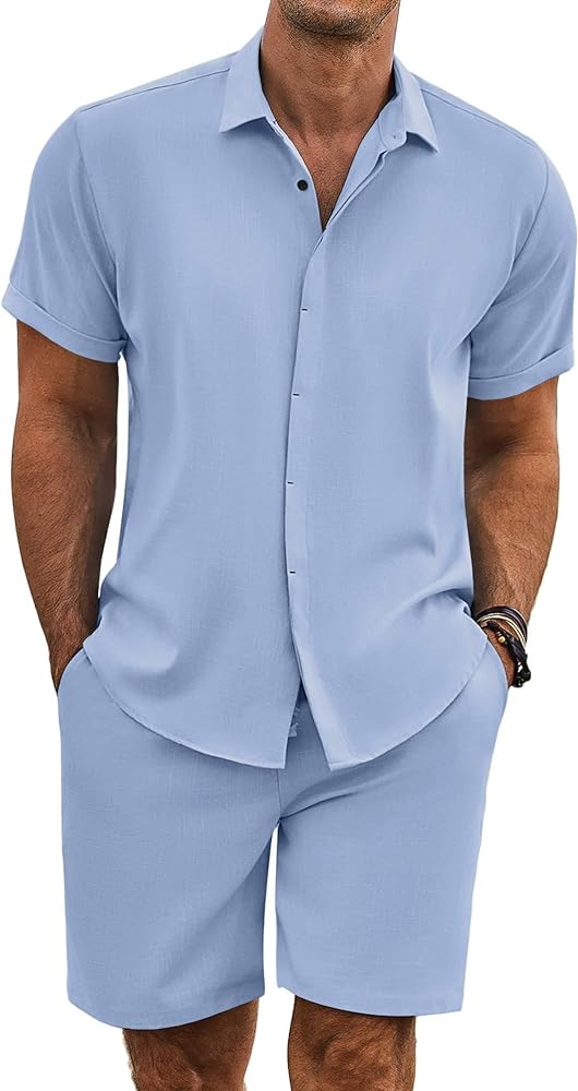 COOFANDY Men's Summer Beach Outfits 2 Piece Short Sleeve Shirts and Shorts Vacation Texture Linen Sets for Men