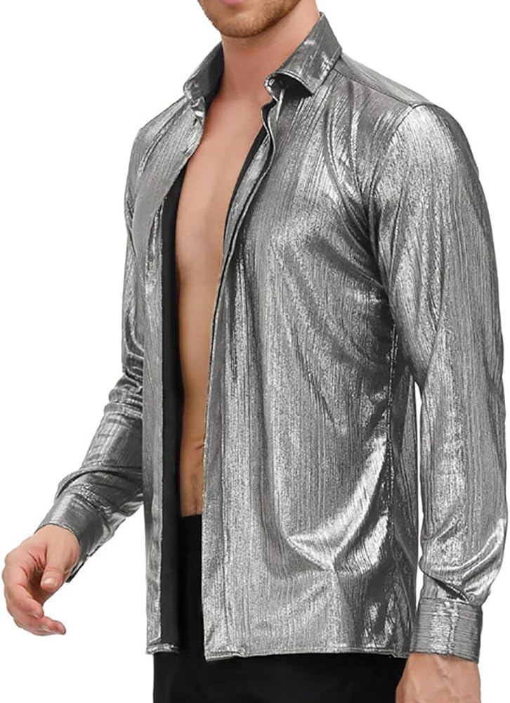 PJ PAUL JONES Men's 70s Disco Shirts Luxury Metallic Sequins Button Down Long Sleeve Party Shirt Nightclub Costume Tops