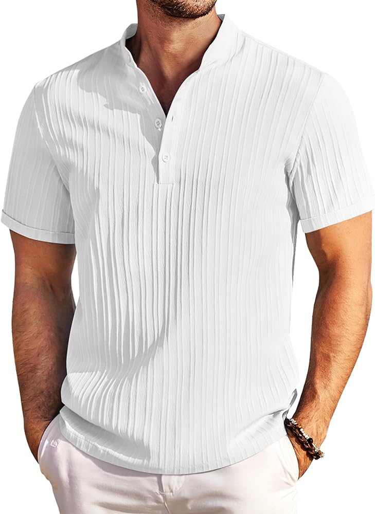 COOFANDY Men Casual Henley Tee Shirt Short Sleeve Band Collar Summer Beach Textured T-Shirt