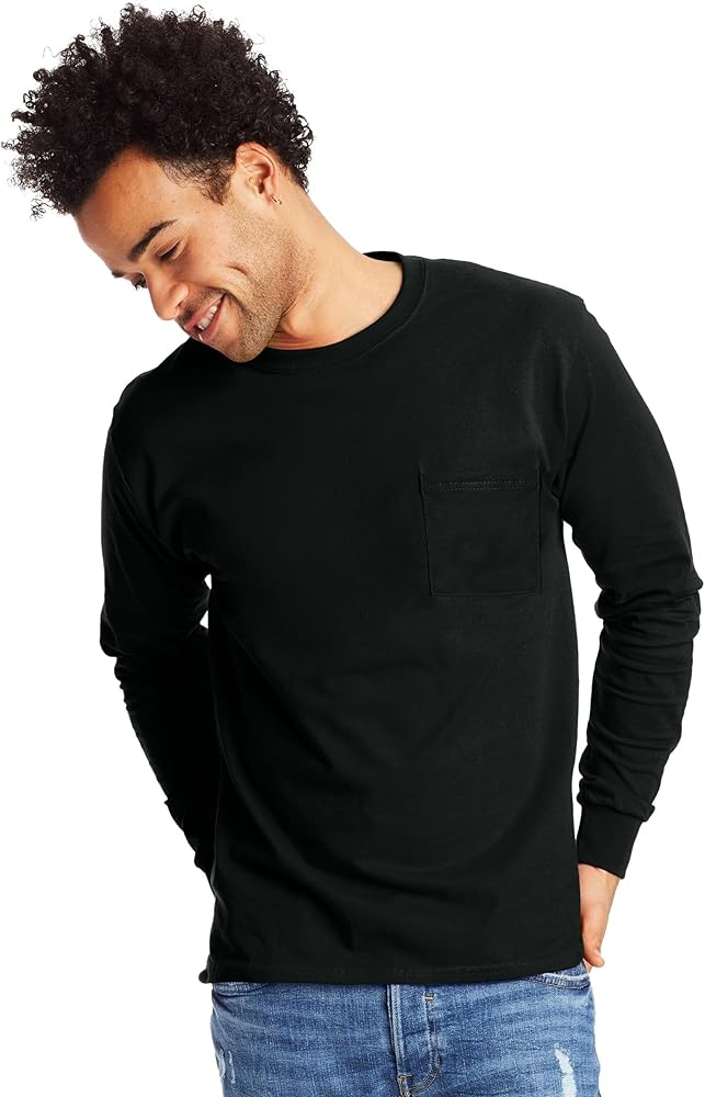 Hanes Mens Essentials Long-Sleeve T-Shirt, Cotton Pocket Tee, Long-Sleeve Tees For Men