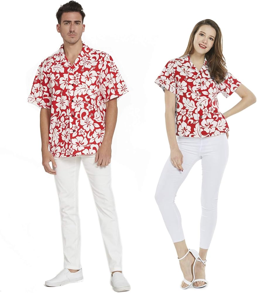 Couple Matching Hawaiian Luau Men and Women Shirts in Classic Vintage Hibiscus