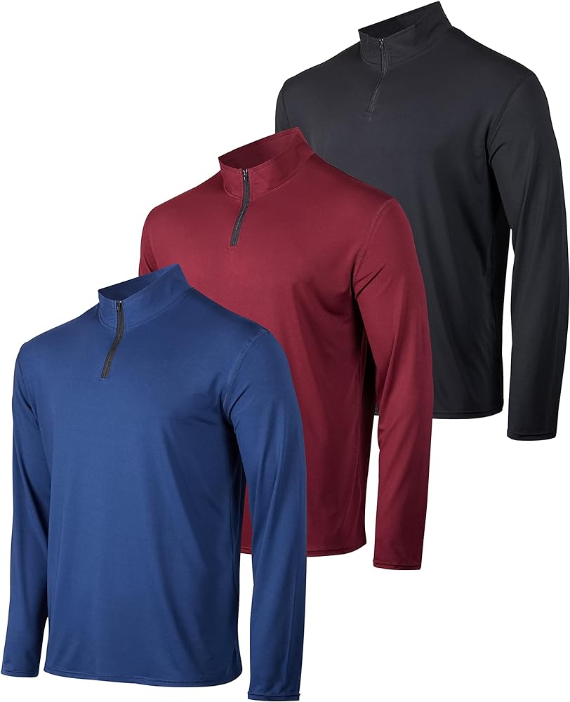 Real Essentials 3 Pack: Men's Dry-Fit Active Quarter Zip Long Sleeve Athletic Performance Pullover (Available in Big & Tall)