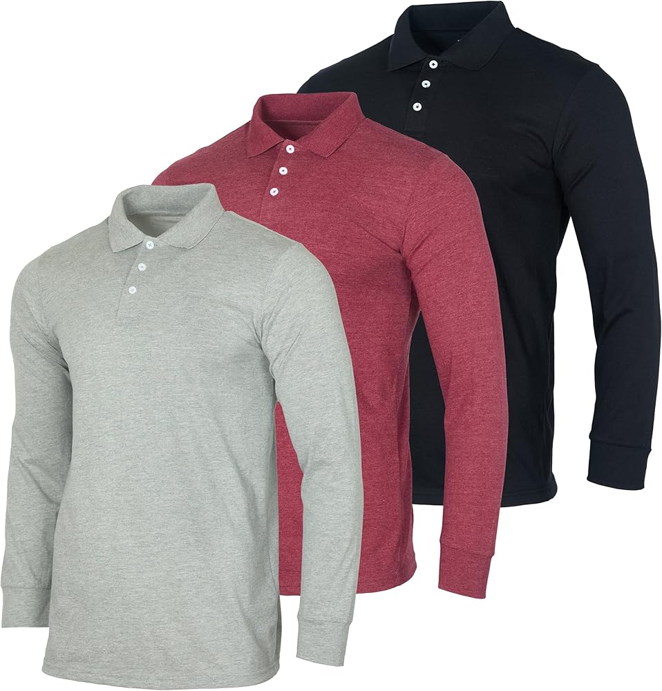 Real Essentials 3 Pack Men's Cotton Jersey Long-Sleeve Polo Shirt - Casual Workwear Office (Available in Big & Tall)