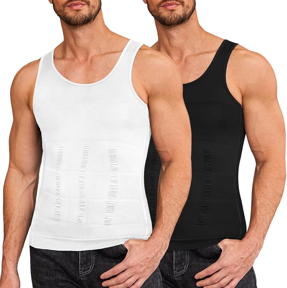 COOFANDY Men's 2 Pack Compression Shirt Slimming Body Shaper Vest Gym Workout Tank Top Sleeveless Abdomen Shapewear