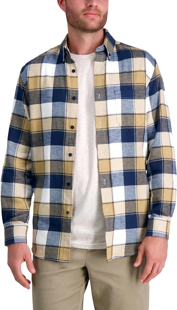 Haggar Men's Long Sleeve Brushed Cotton Plaid Flannel Button Down Shirt