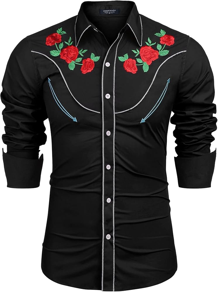 COOFANDY Men's Cowboy Shirts Embroidered Rose Design Shirt Western Long Sleeve Button Down Shirt