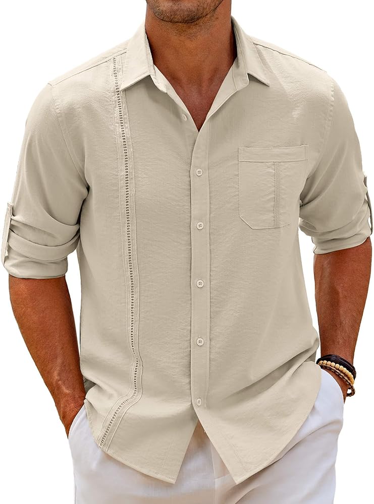 COOFANDY Mens Cuban Guayabera Shirts Linen Long Sleeve Casual Button Down Shirts for Men Beach Shirts