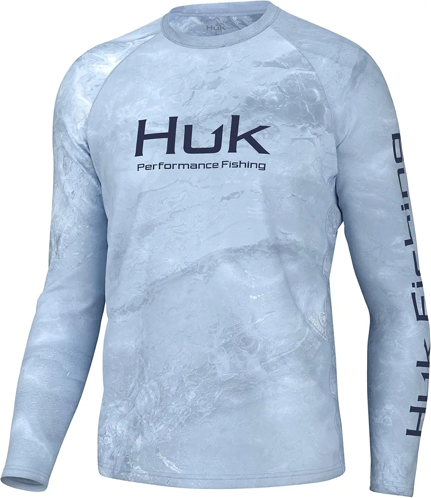 HUK Men's Standard Pursuit Pattern Crew Sleeve, Performance Shirt, Mossy Oak-Calmwater Arctic