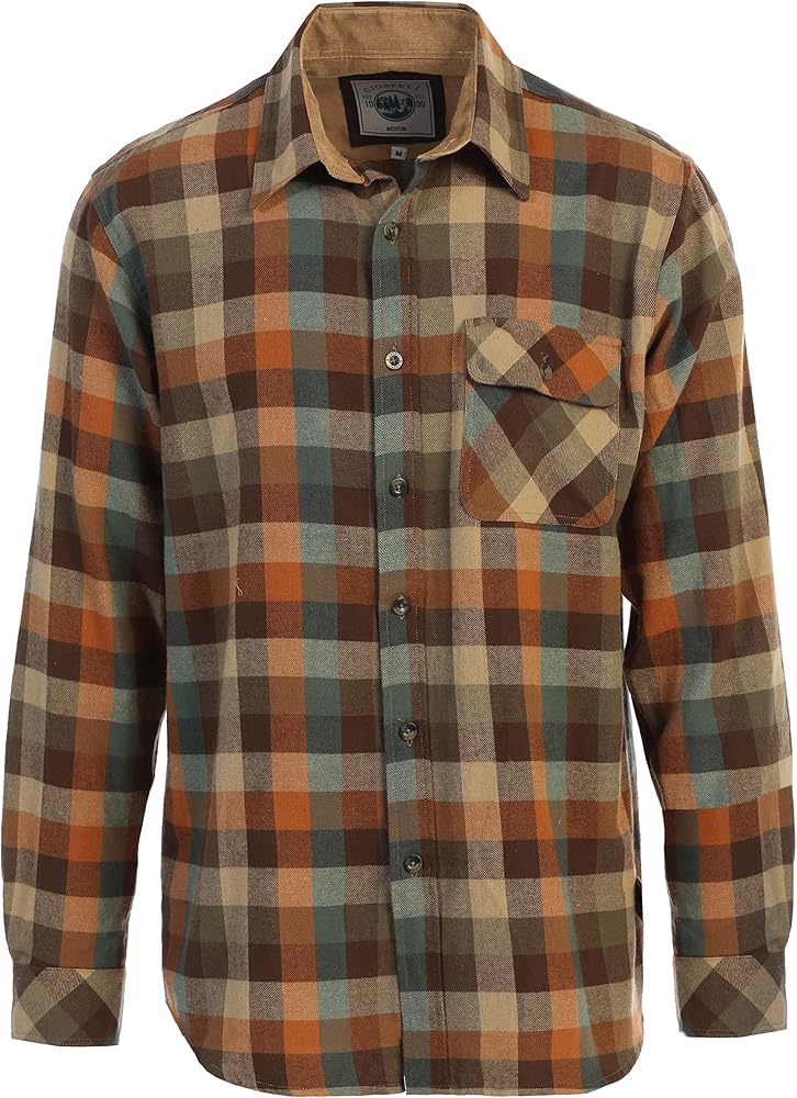 Gioberti Men's 100% Cotton Brushed Flannel Plaid Checkered Shirt with Corduroy Contrast