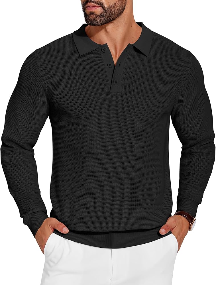 COOFANDY Mens Knit Polo Shirts Long Sleeve Sweater Casual Polo Shirts Lightweight Collared T Shirts