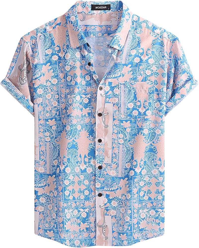 MCEDAR Mens Casual Short Sleeve Button Up Vintage Summer Hawaiian Beach Vacation Shirts (Size S-5XL Big and Tall)