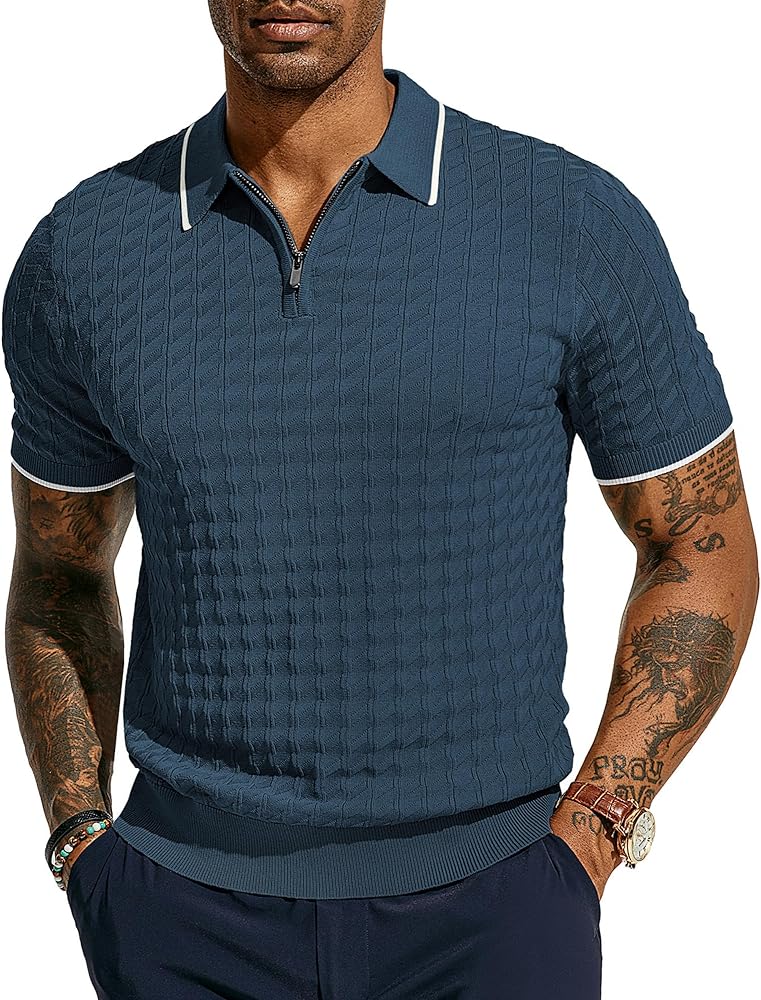 PJ PAUL JONES Men's Knit Polo Shirts Short Sleeve Quarter Zip Polo Shirt