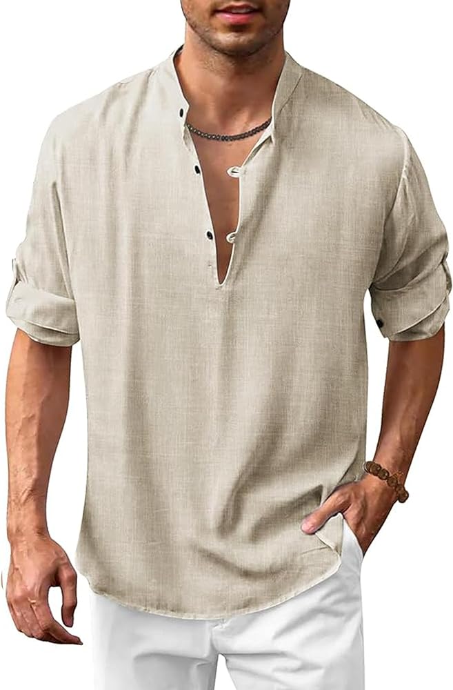 COOFANDY Men's Cotton Linen Henley Shirt Casual Beach Hippie Shirts Long Sleeve T-Shirts