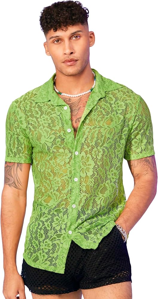 WDIRARA Men's Floral Sheer Mesh See Through Button Up Short Sleeve Collar Party Club Tops Shirt